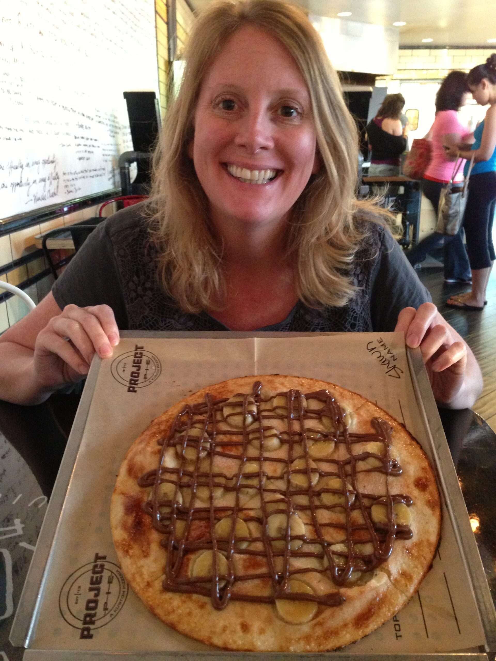 Shawn gets her chocolate banana pizza!