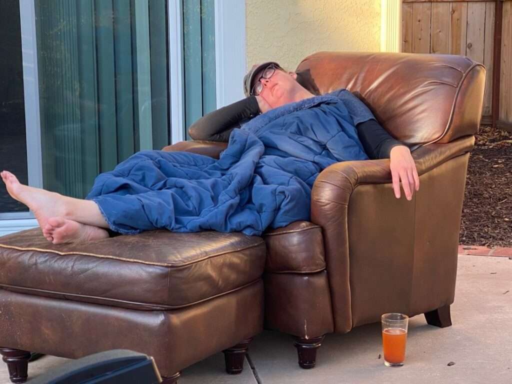 Shawn relaxes after a hard day's work.